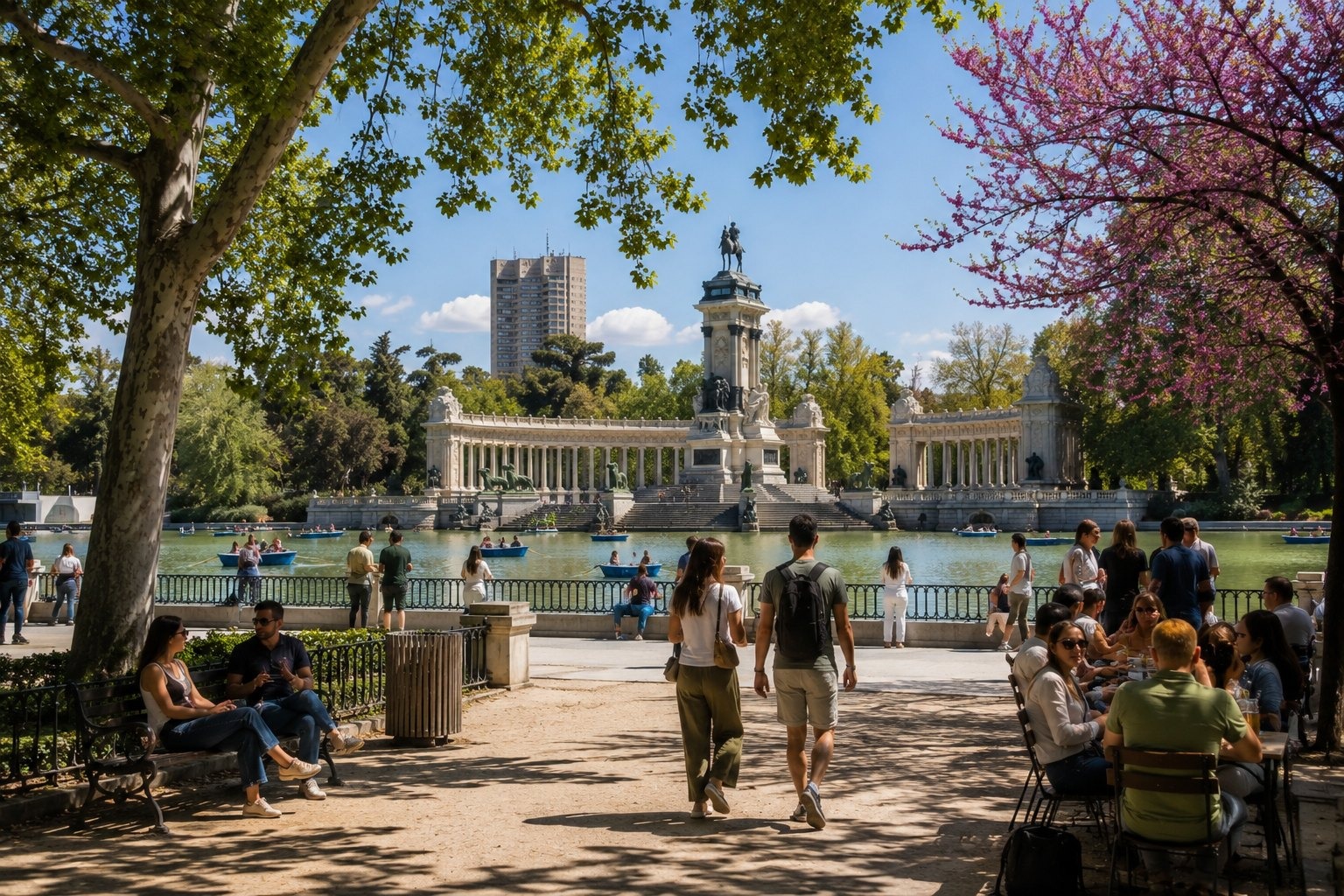 Retiro-parken — börja här varje dag i Madrid med människor och realistisk resemiljö