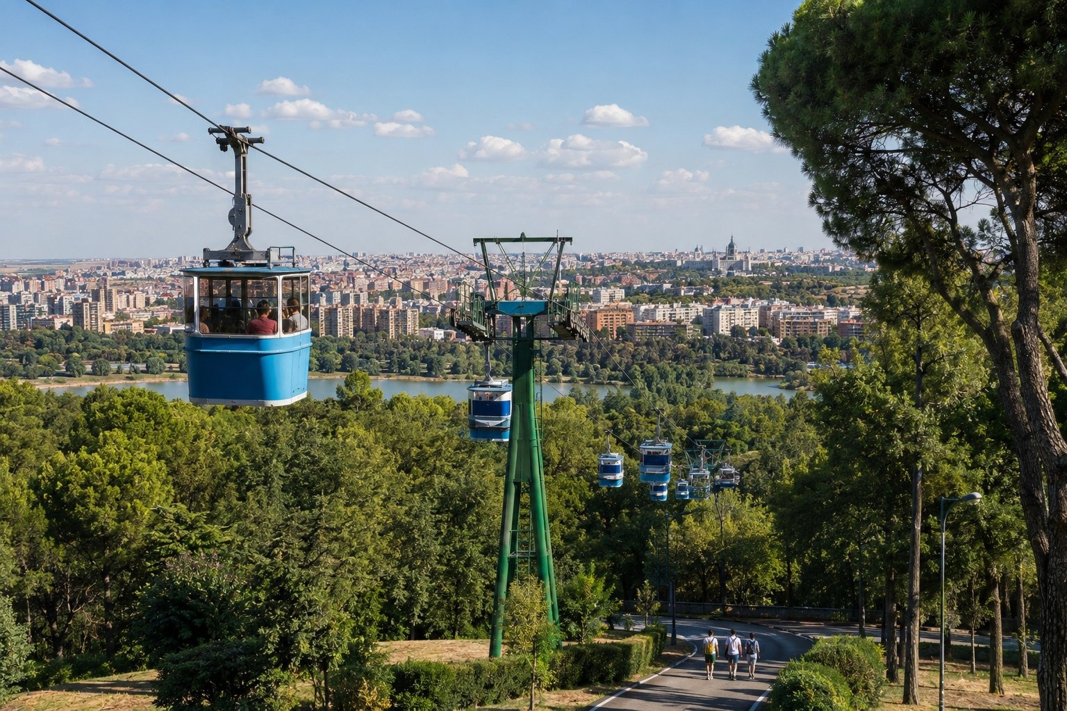 Linbanan + Casa de Campo i Madrid med människor och realistisk resemiljö