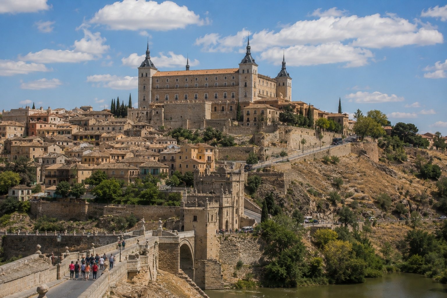 Alcázar — sagoslottet på klippan i Madrid med människor och realistisk resemiljö