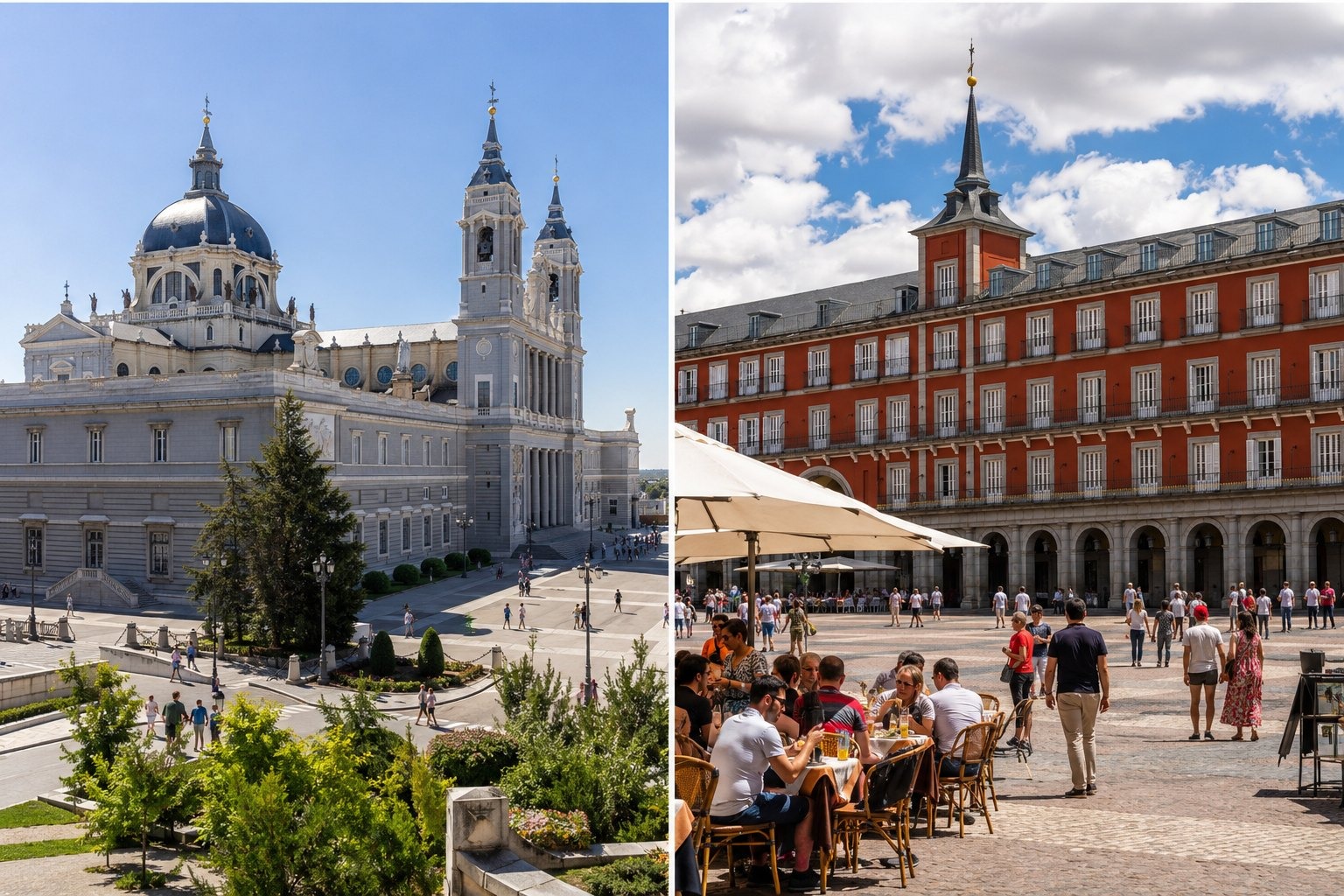⛪ Almudena-katedralen & Plaza Mayor i Madrid med människor och realistisk resemiljö