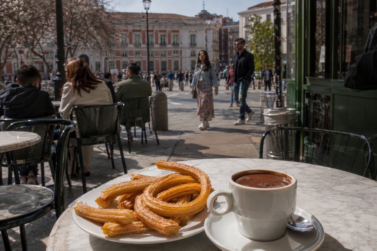 Churros con chocolate i Madrid med människor och realistisk resemiljö