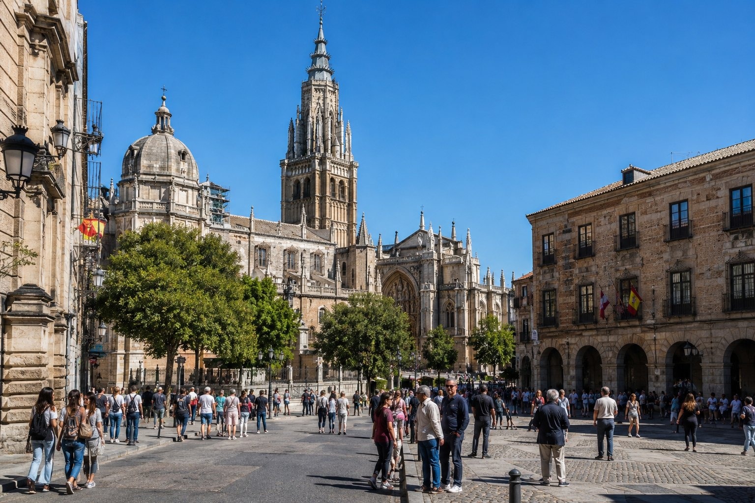 Förmiddag: katedralen och Plaza de Zocodover i Madrid med människor och realistisk resemiljö