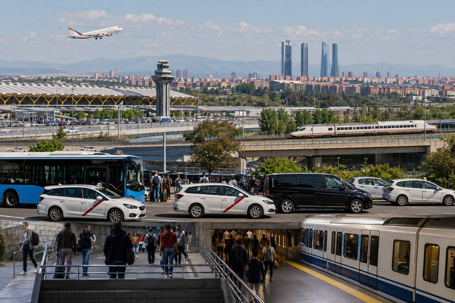 Från flygplatsen till centrum — fyra sätt i Madrid med människor och realistisk resemiljö