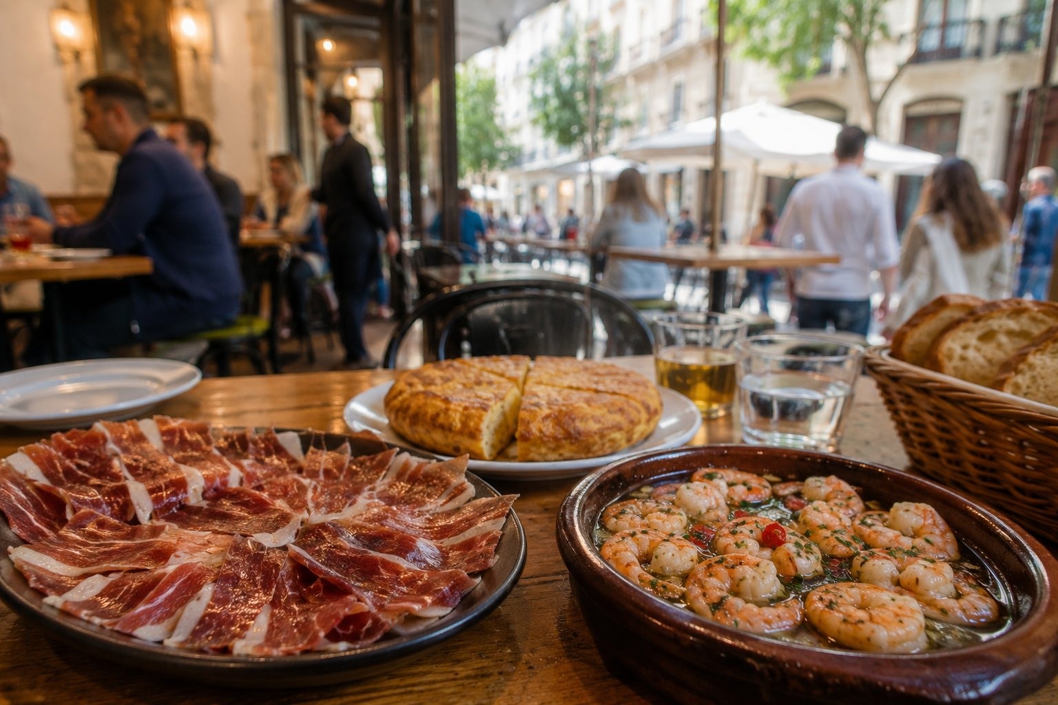 Jamón ibérico, tortilla & gambas al ajillo i Madrid med människor och realistisk resemiljö