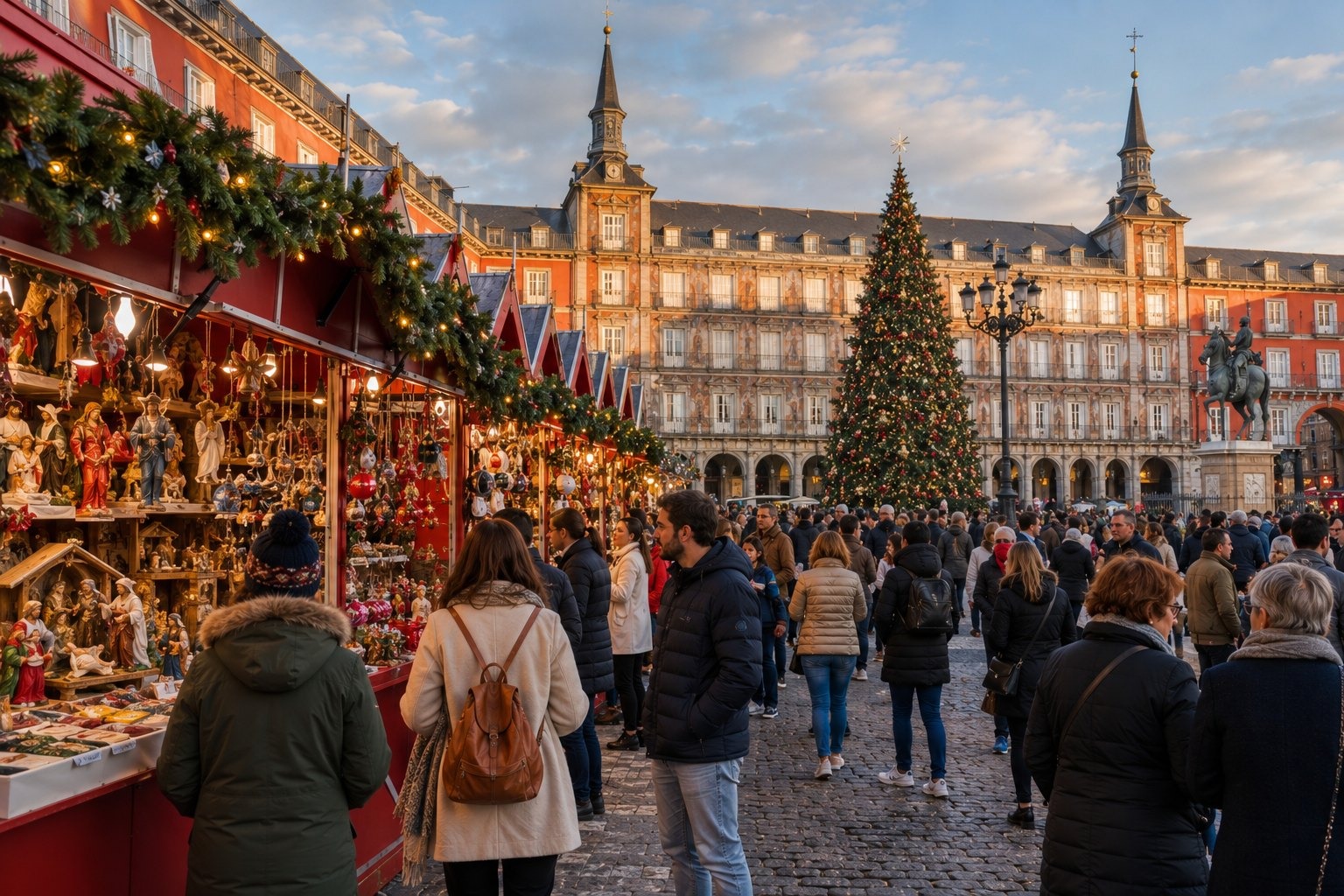 Julmarknaden på Plaza Mayor i Madrid med människor och realistisk resemiljö