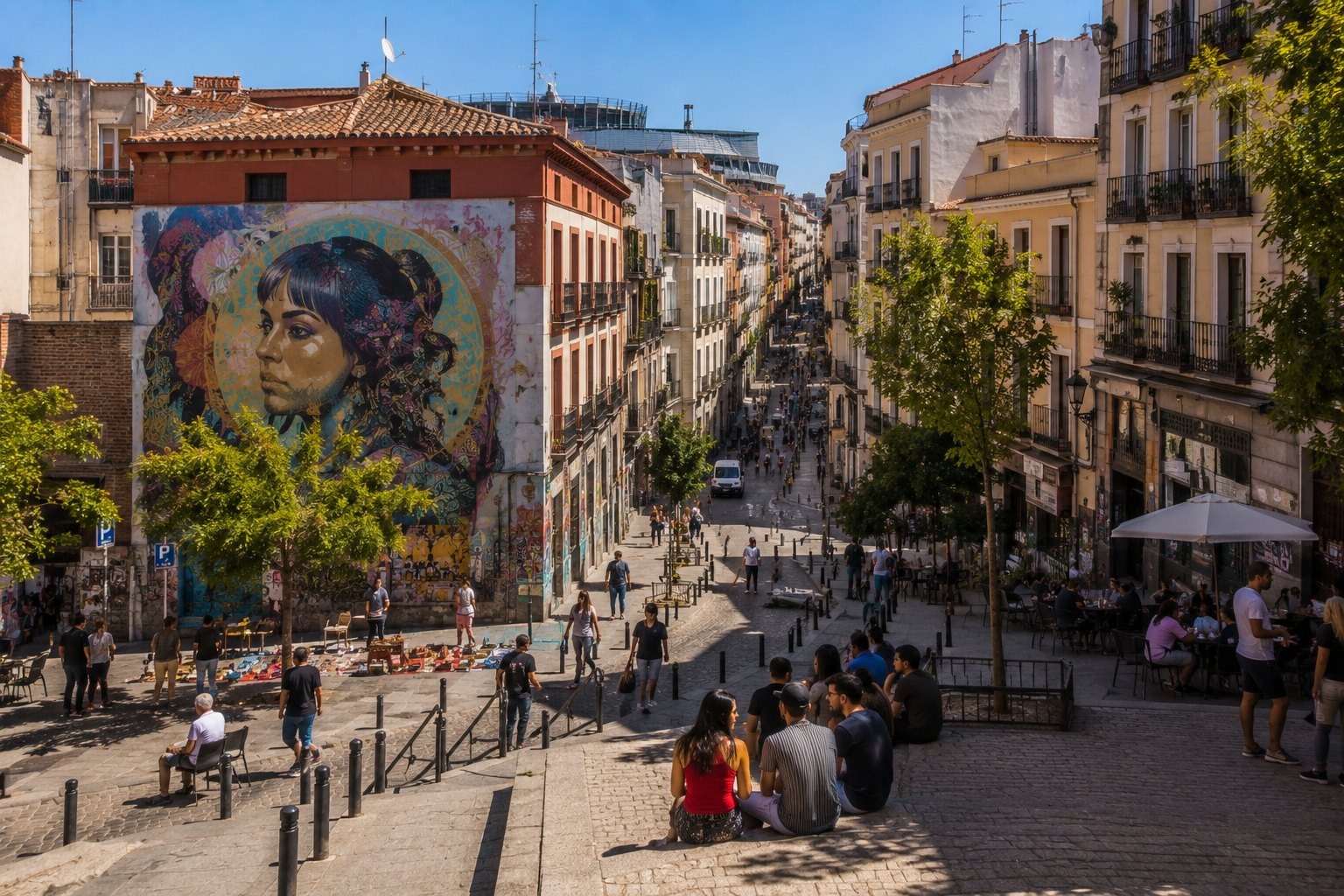 Lavapiés — budget och streetart i Madrid med människor och realistisk resemiljö