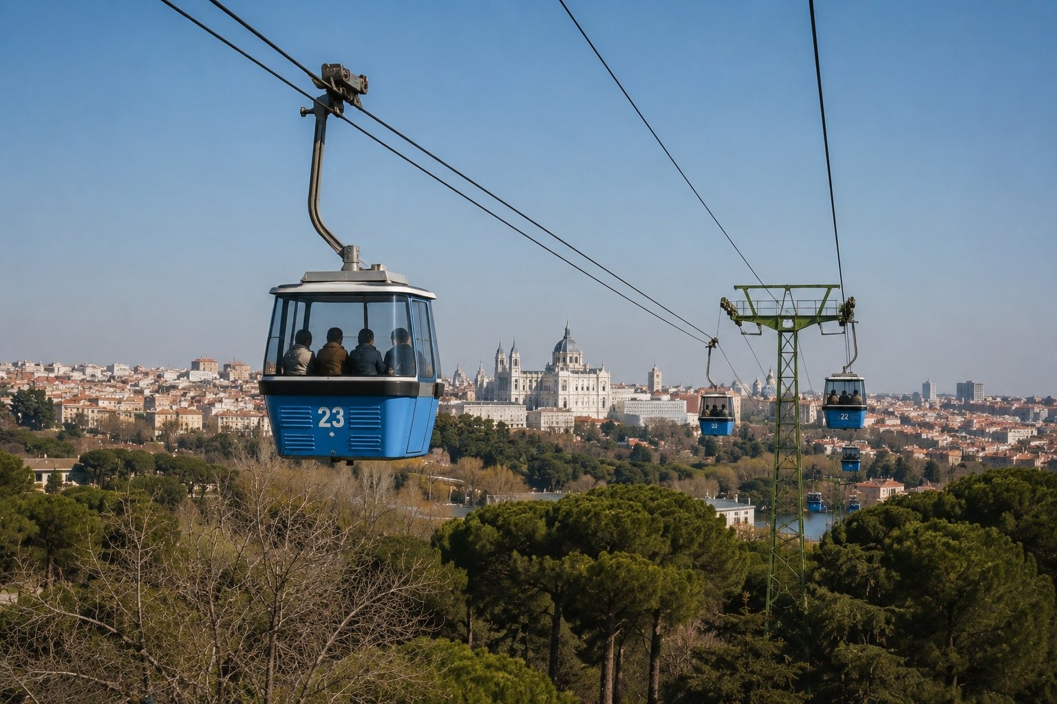 🚡 Linbanan till Casa de Campo i Madrid med människor och realistisk resemiljö