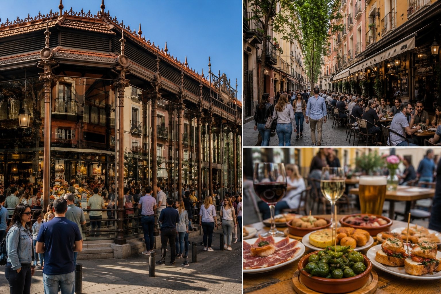 🥘 Mercado de San Miguel & tapaskvarteren i Madrid med människor och realistisk resemiljö