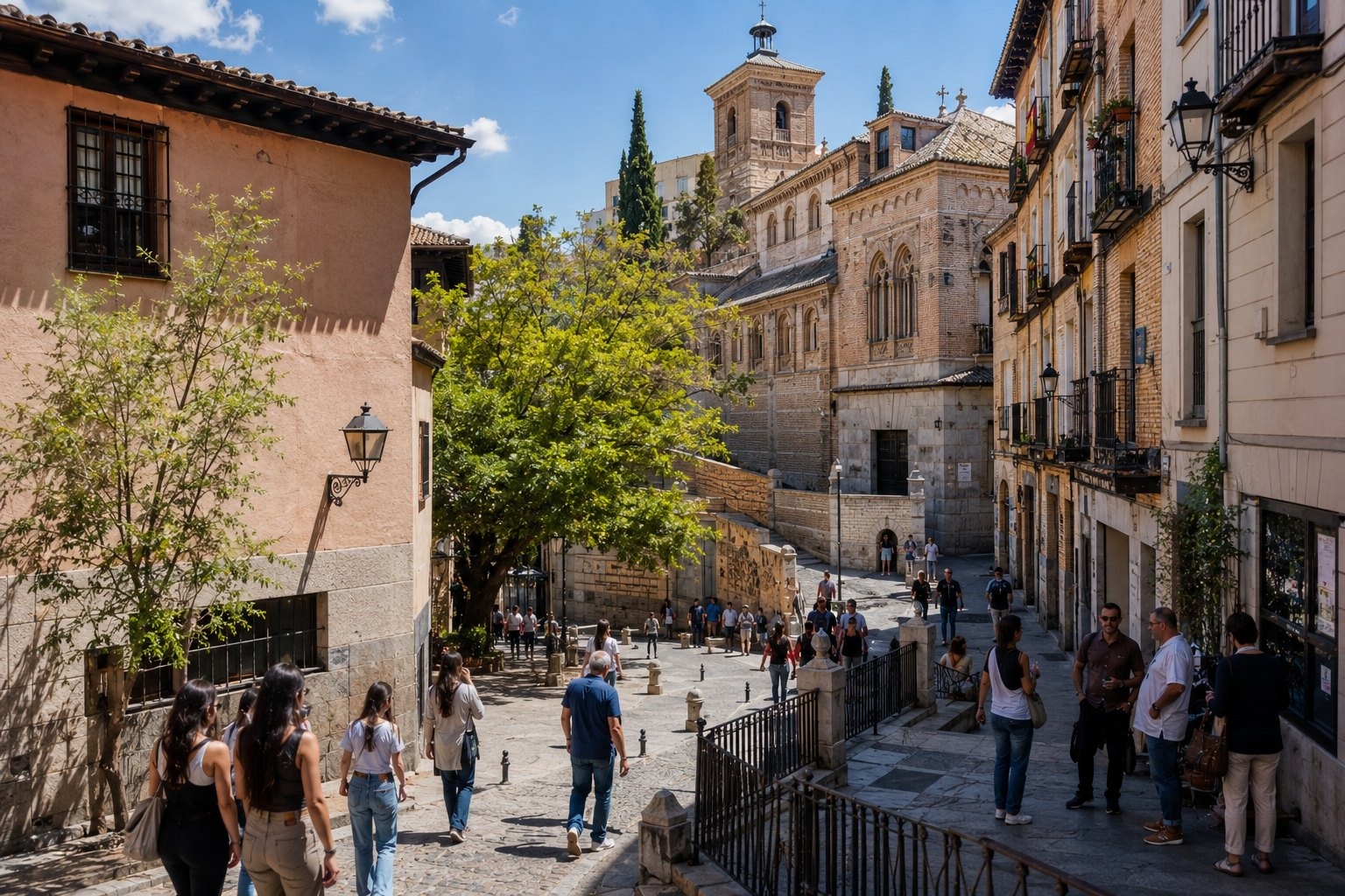 Mitt på dagen: El Greco och judiska kvarteret i Madrid med människor och realistisk resemiljö