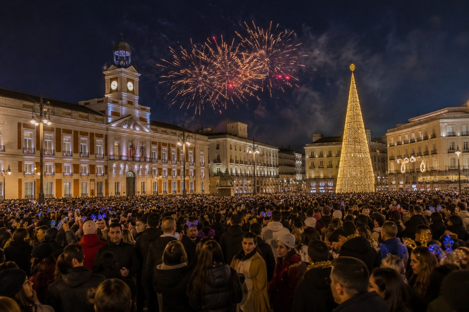 Nyårsafton vid Puerta del Sol i Madrid med människor och realistisk resemiljö