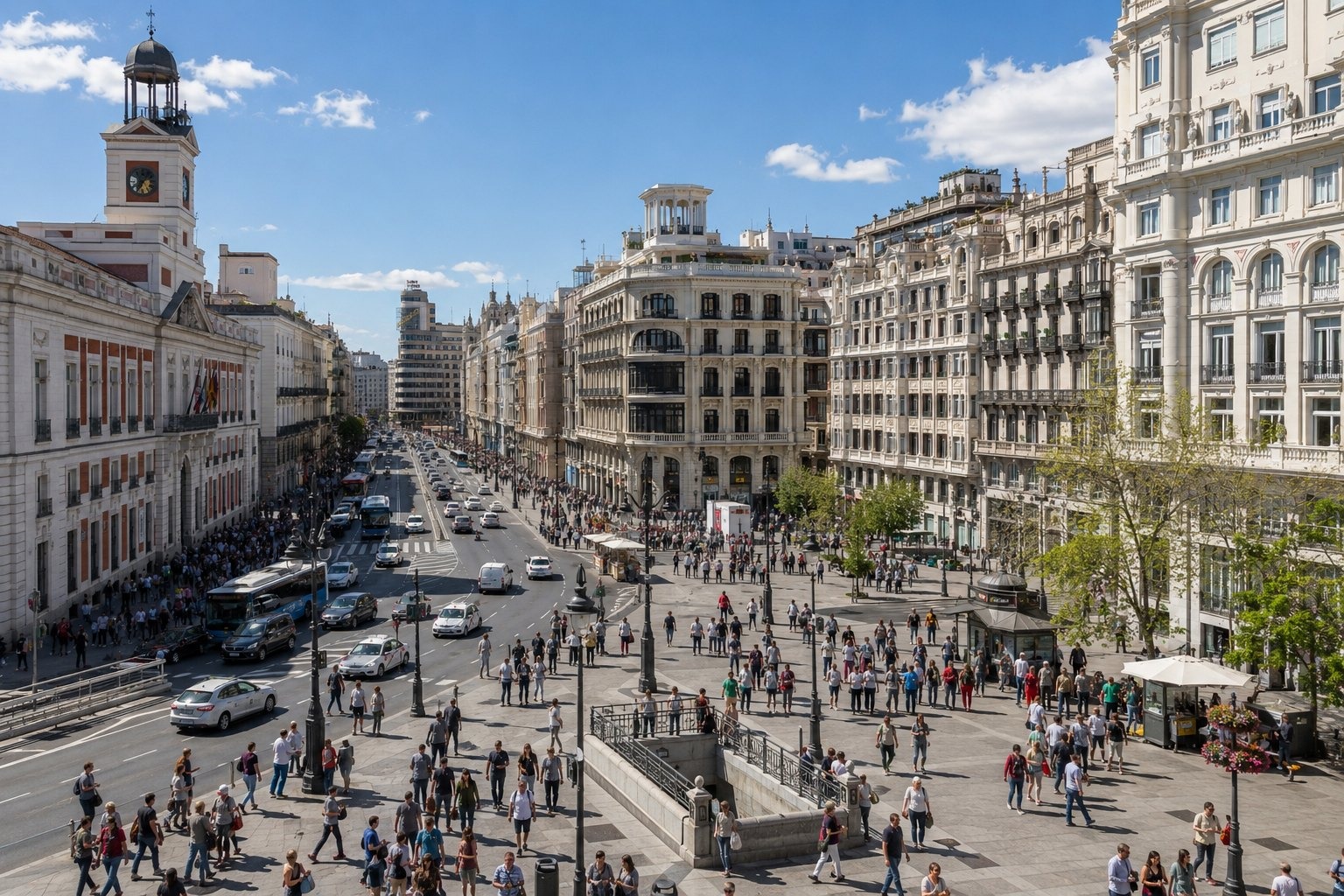 Sol & Gran Vía — mitt i allt i Madrid med människor och realistisk resemiljö