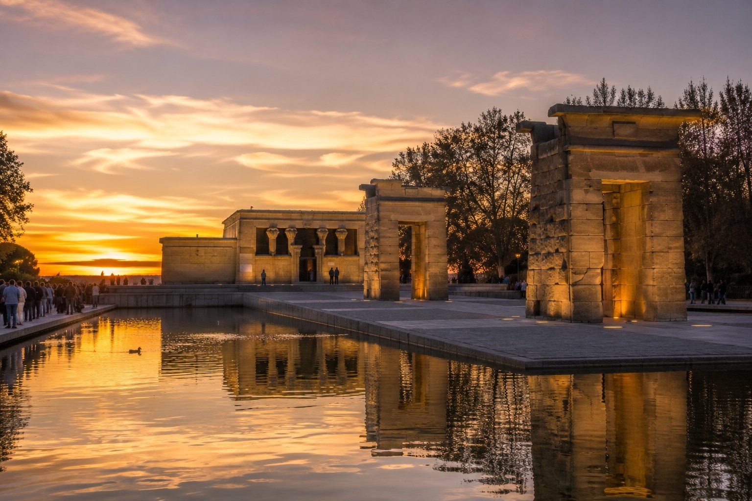 🏛️ Templo de Debod i solnedgång i Madrid med människor och realistisk resemiljö